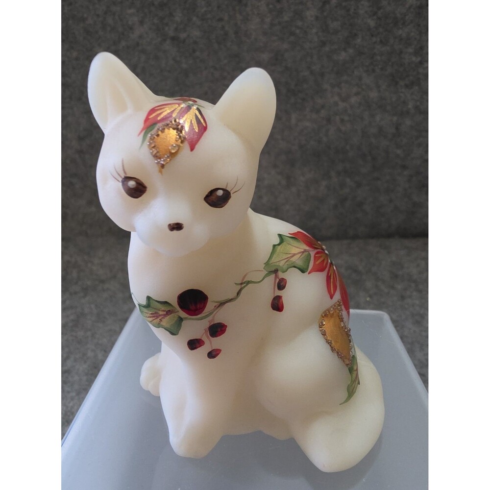 Vintage Fenton Opal Satin Glass Christmas Cat Figurine - Hand Painted T. Kelley
